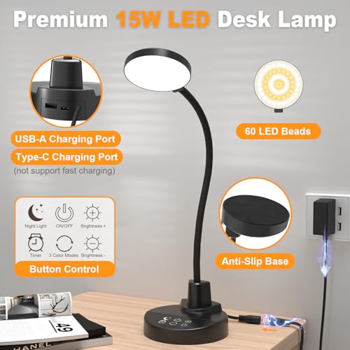 Minimalist 15W LED Desk Lamp with USB Charging Ports – Dimmable for Daily Use